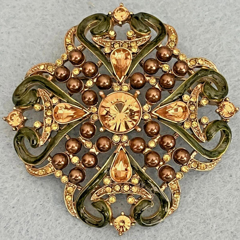 Stunning Dark Green Enamel and Amber Crystal Brooch